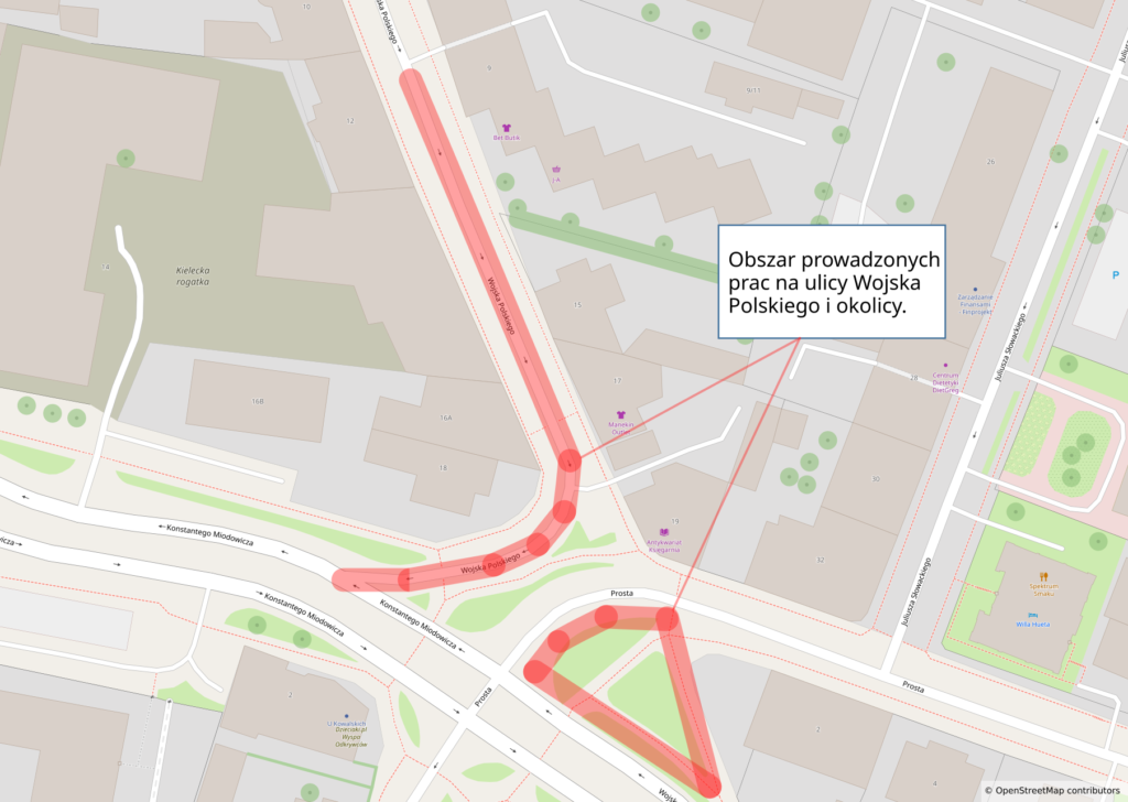 Obszar utrudnień na ulicy Wojska Polskiego w Kielcach